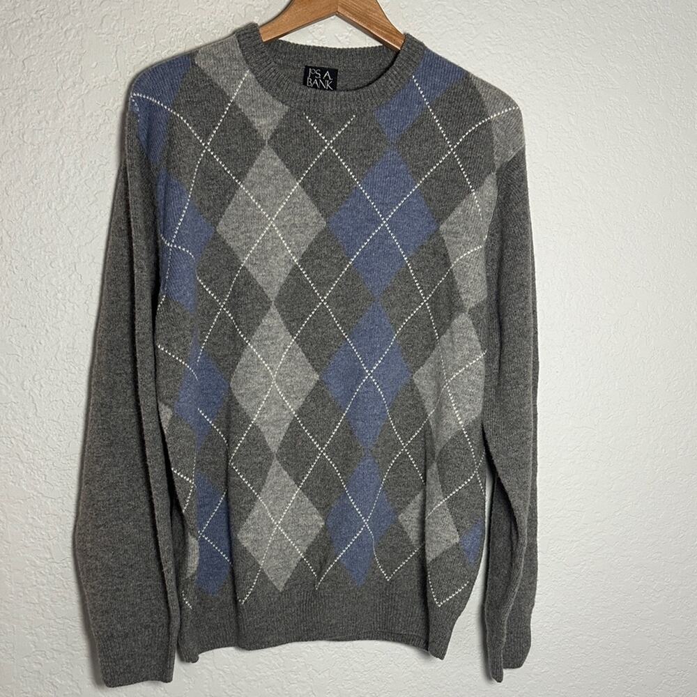 Jos. A Bank Gray Blue Lambswool Argyle Crewneck Sweater Preppy Cozy Classic